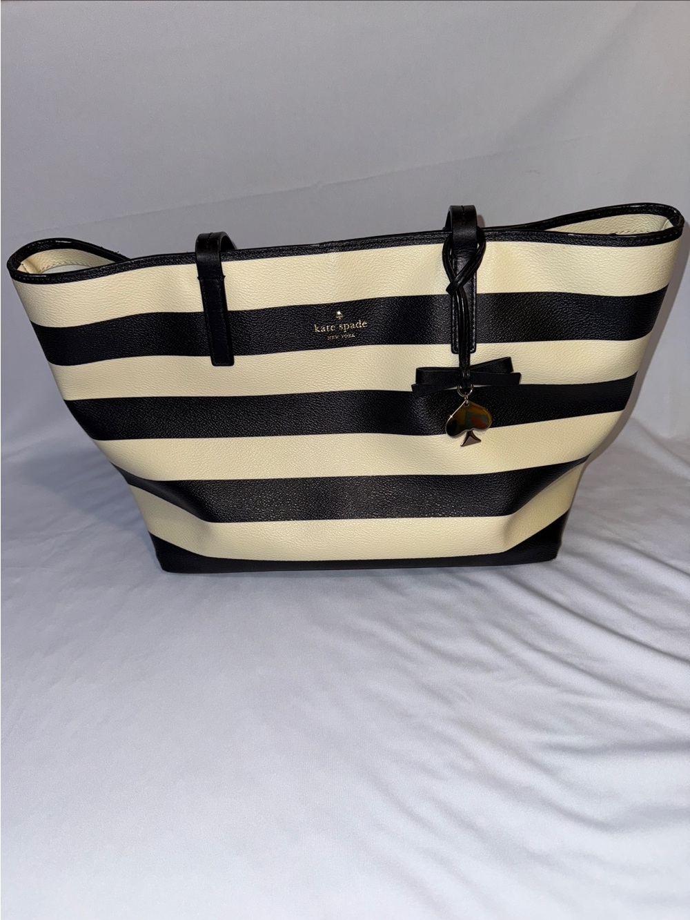 kate spade Black and White Striped Leather Tote with Bow Charm
